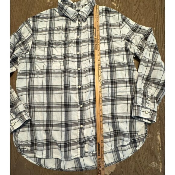 American eagle AE full snap button black white plaid flannel shirt top 90’s Y2K - Picture 3 of 7